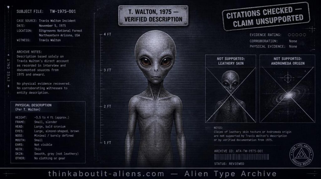 Dossier-style illustration of a small, bald, brown-eyed Grey-type humanoid based on Travis Walton's real description, with crossed-out labels marking unsupported leathery-skin and Andromeda-origin claims.