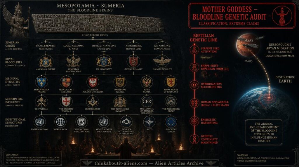 Genealogy tree from Sumerian header through medieval crests to modern seals with parallel Reptilian genetic line and shape-shift nodes, ritual chamber at base, Mars-to-Earth migration in corner