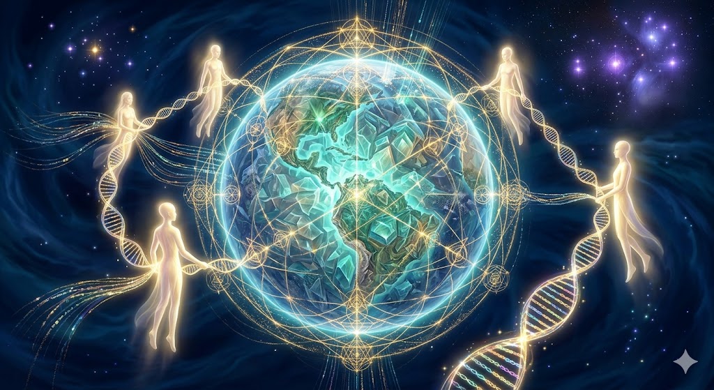 An artistic representation of the Pleiadian Living Library and the Family of Light activating Earth's DNA.