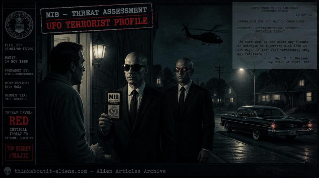 Nighttime suburban doorstep scene with two olive-skinned MIB figures approaching a shaken witness, a pristine 1950s black Cadillac at the curb, and a black helicopter hovering above