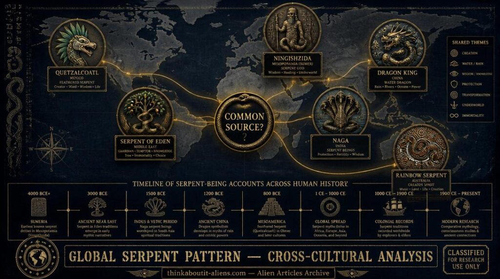World map with six serpent-being iconographic panels at their geographic regions — Sumerian, Naga, Quetzalcoatl, Dragon King, Eden serpent, Rainbow Serpent — connected by golden lines to a central common source node