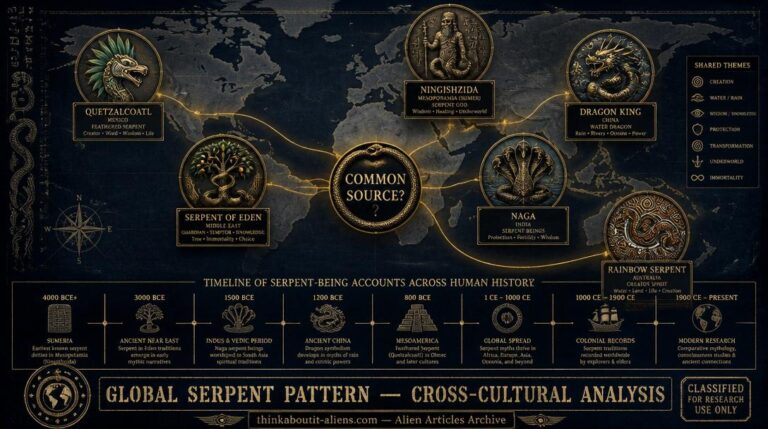 World map with six serpent-being iconographic panels at their geographic regions — Sumerian, Naga, Quetzalcoatl, Dragon King, Eden serpent, Rainbow Serpent — connected by golden lines to a central common source node