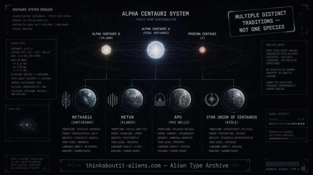 Dossier-style diagram of the Alpha Centauri triple star system with four labeled branches representing distinct exopolitical traditions: Santinians, Klarer's Meton, Paz Wells' Apu, and Nidle's Star Union of Centaurus.