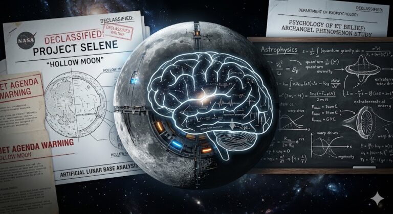 A collage featuring a mechanical moon, human psychology symbols, and NASA documents.