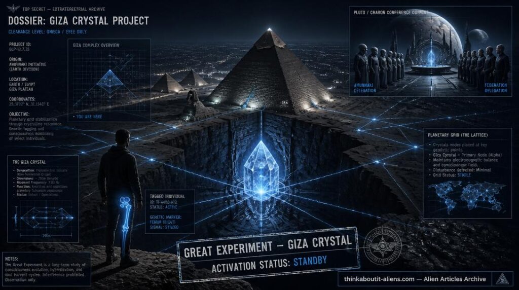 Giza pyramid at night with cross-section showing luminous crystal beneath, energy grid lines radiating outward, Tagged Individual with glowing femur, Pluto conference in corner