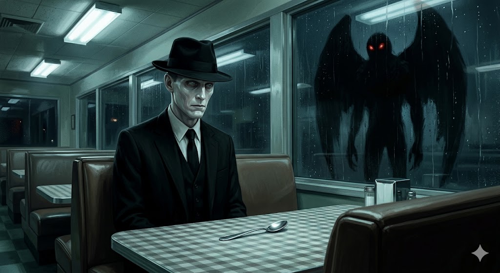 An eerie Man in Black in a 1960s diner looking confused by a spoon, with a Mothman silhouette in the background.