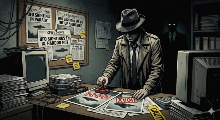A shadowy figure stamping "HOAX" on UFO photos in a messy 1990s office, symbolizing the disinformation war in ufology.
