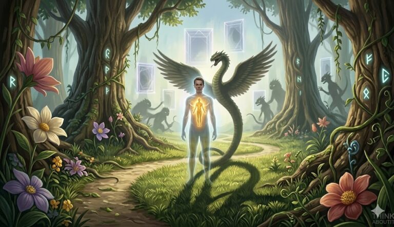 A human figure in a garden with a reptilian shadow and a glowing soul.