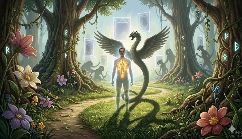 A human figure in a garden with a reptilian shadow and a glowing soul.