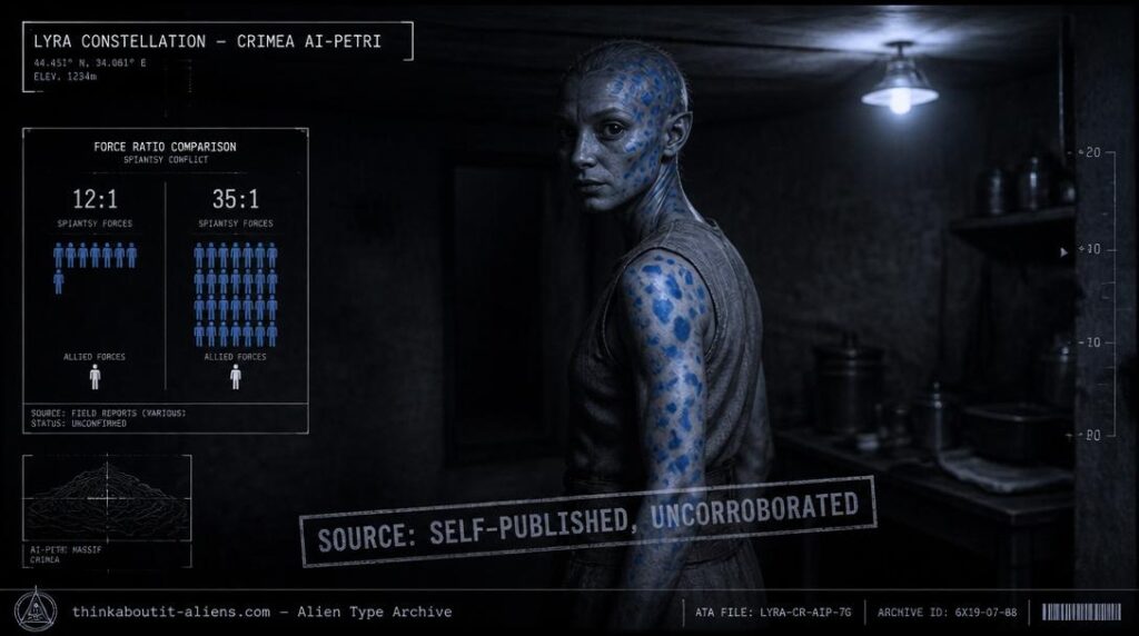 Short humanoid figure with blue spotted skin standing in dim blue light, representing the Afim Spiantsy from Crimea Ai-Petri in Lyra