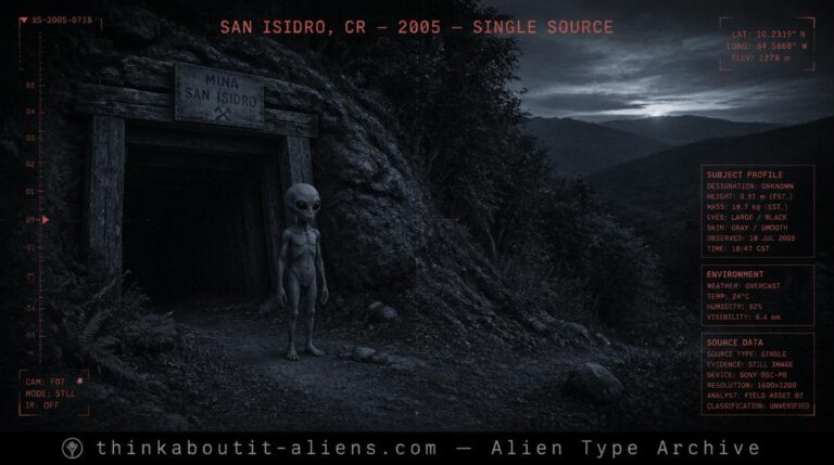Illustration of the Elffaf, a Grey-resembling alien species reported near mines in Costa Rica