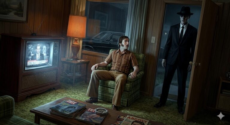 A tall, pale Man in Black standing in the doorway of a 1970s living room, intimidating a witness.