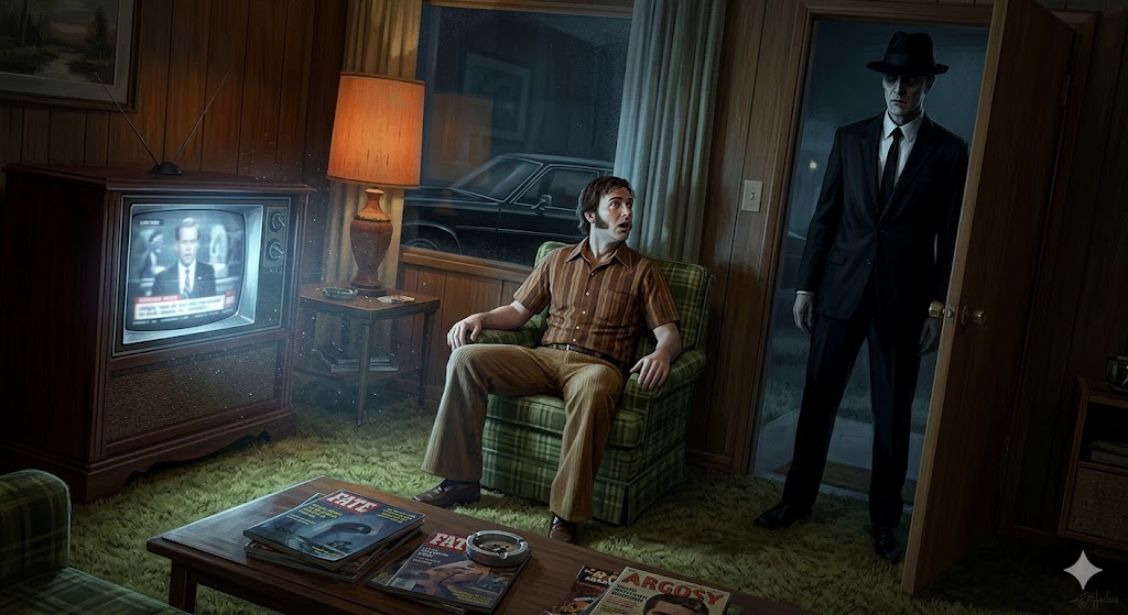 A tall, pale Man in Black standing in the doorway of a 1970s living room, intimidating a witness.