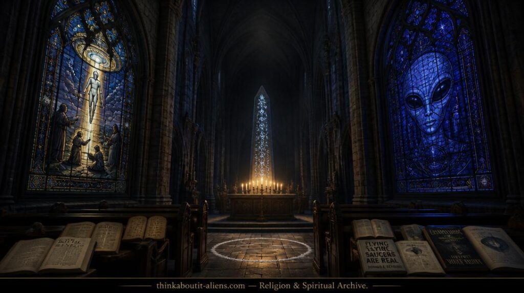 A vast cathedral interior with stained glass windows depicting alien contact scenes, a glowing metallic obelisk covered in unknown symbols at the altar, and scattered Bibles and Sumerian tablets on empty pews