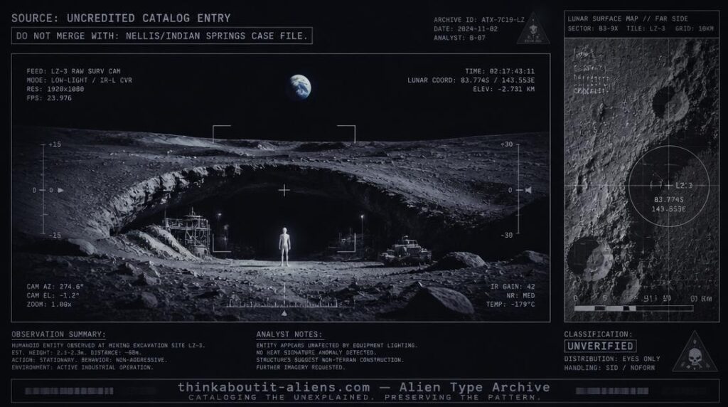 Dossier-style illustration of a pale humanoid figure at a lunar mining site, representing the Indugutk alien type