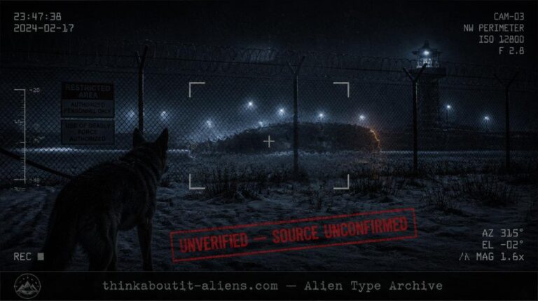 Shimmering heat-wave distortion above a snowy security fence at night, representing the unverified "Invisibles" cloaked entity lore