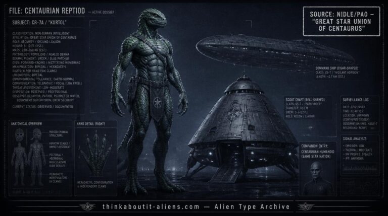 Dossier-style illustration of a tall, scaly, six-clawed reptoid humanoid beside a bell-shaped scout craft, representing the reptoid Centurian of the Great Star Union of Centaurus.