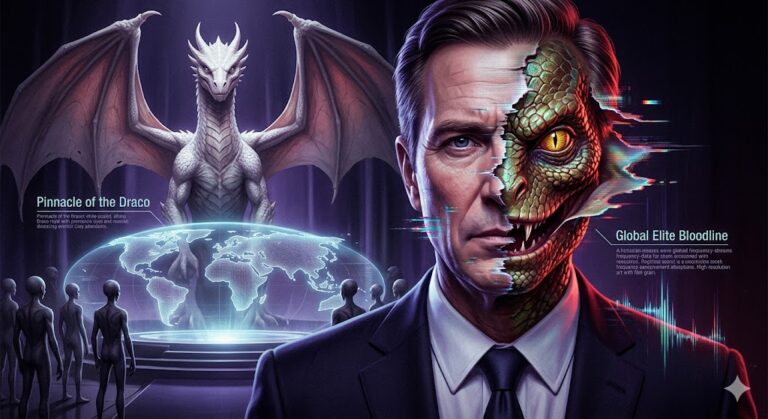 A world leader shape-shifting into a reptilian with green scales and a vertical slit eye.