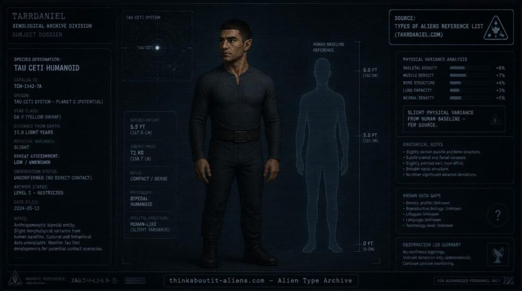 Dossier-style illustration of a tan-skinned, Mediterranean-appearing humanoid with slightly pointed ears, a broader nose, and a short crew haircut, representing the Tau Cetians.