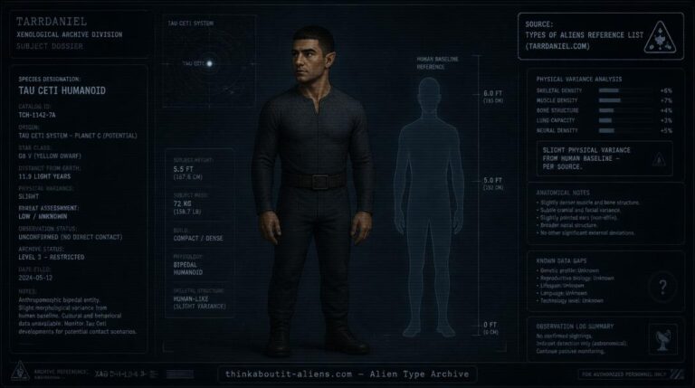 Dossier-style illustration of a tan-skinned, Mediterranean-appearing humanoid with slightly pointed ears, a broader nose, and a short crew haircut, representing the Tau Cetians.
