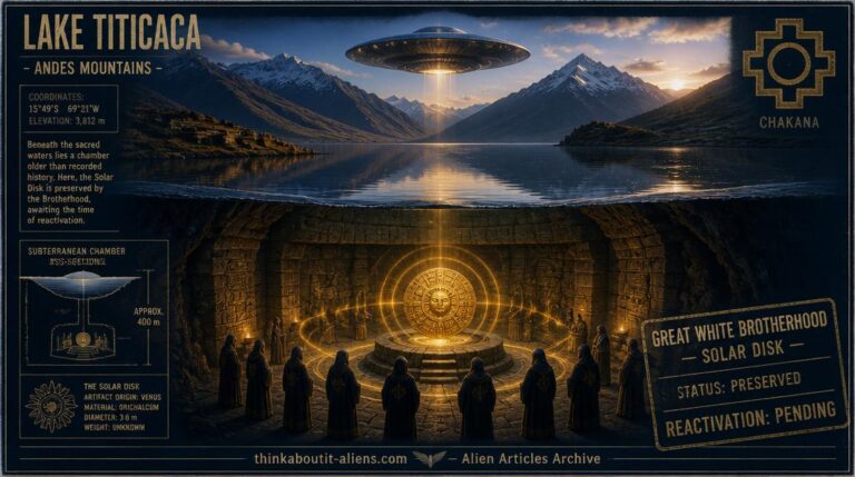Lake Titicaca at dawn with cross-section showing underground Brotherhood chamber with golden Solar Disk on pedestal, robed figures in semicircle, Venusian disc craft descending above