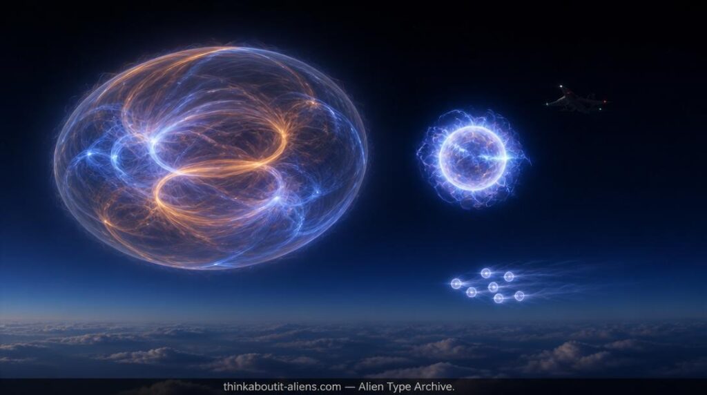 Three plasma life forms at different scales hovering in the upper atmosphere — a large translucent ovoid, a crackling bright orb, and a formation of six coordinated spheres — with a distant military jet providing scale