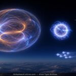 Three plasma life forms at different scales hovering in the upper atmosphere — a large translucent ovoid, a crackling bright orb, and a formation of six coordinated spheres — with a distant military jet providing scale