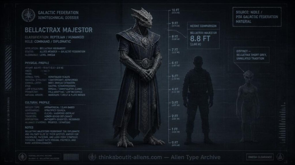 Dossier-style illustration of a tall, bony-crested reptilian humanoid figure with a height-comparison marker, representing the Bellatricians of Nidle's Galactic Federation material.