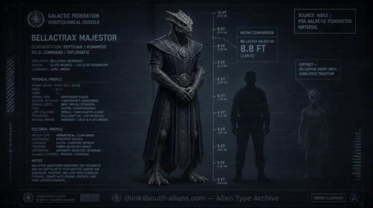 Dossier-style illustration of a tall, bony-crested reptilian humanoid figure with a height-comparison marker, representing the Bellatricians of Nidle's Galactic Federation material.