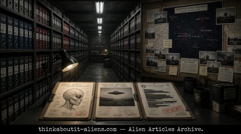 A classified underground archive chamber with dossier folders on metal shelving, open case files showing alien sketches and UFO photographs, and a connected investigation pinboard on the wall