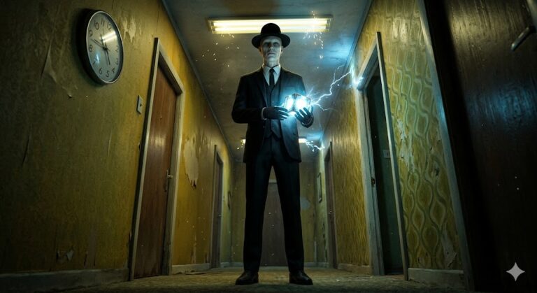 A tall Man in Black holding a glowing device in a hallway with flickering lights and a malfunctioning clock.