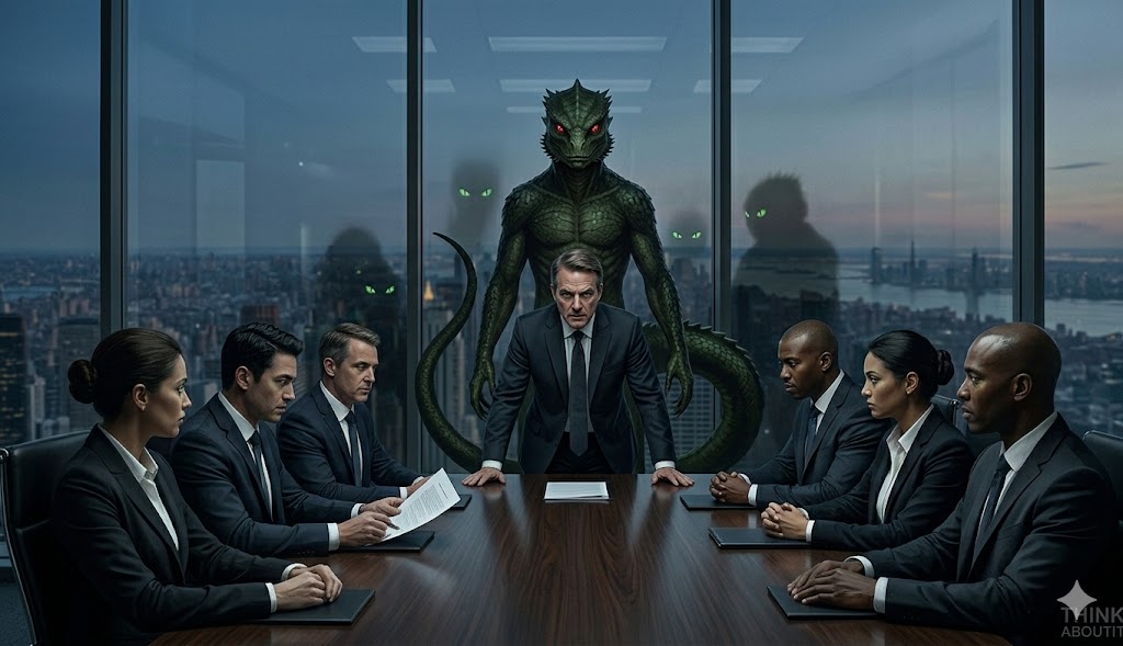 A corporate CEO whose reflection reveals a hidden reptilian identity.