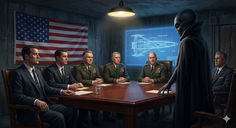 A secret meeting between US government officials and an extraterrestrial being in an underground facility.