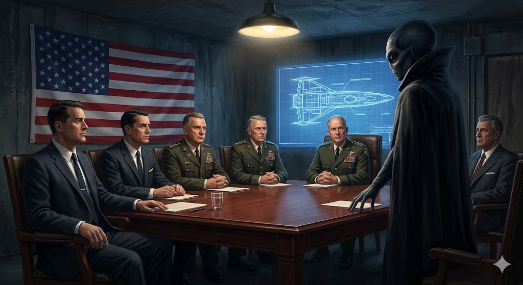 A secret meeting between US government officials and an extraterrestrial being in an underground facility.