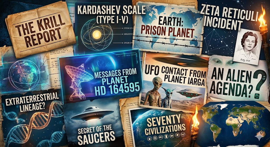 A research collage image combining historical alien encounter reports, scientific charts like the Kardashev Scale, and theories on Earth as a Prison Planet.