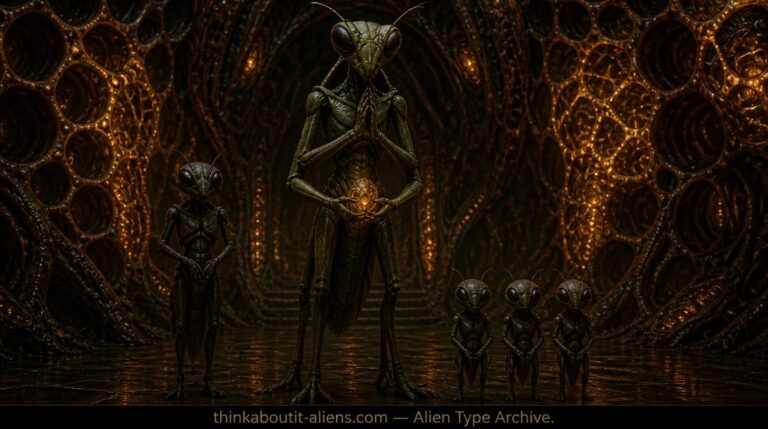 Insectoid Type Aliens : A seven-foot Mantis Being with compound eyes stands in a bioluminescent honeycomb chamber alongside an Ant-type insectoid and three identical drone-class entities