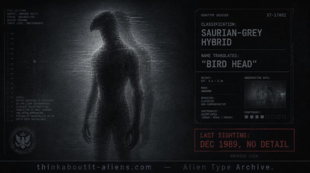 Dossier-style rendering of a tall, ambiguous humanoid figure blending reptilian and avian features with a glitching double-exposure effect, referencing the Kyllimir-Auk's uncertain classification