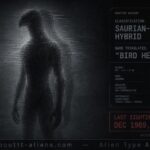 Dossier-style rendering of a tall, ambiguous humanoid figure blending reptilian and avian features with a glitching double-exposure effect, referencing the Kyllimir-Auk's uncertain classification