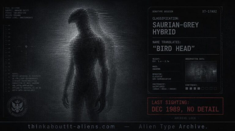 Dossier-style rendering of a tall, ambiguous humanoid figure blending reptilian and avian features with a glitching double-exposure effect, referencing the Kyllimir-Auk's uncertain classification