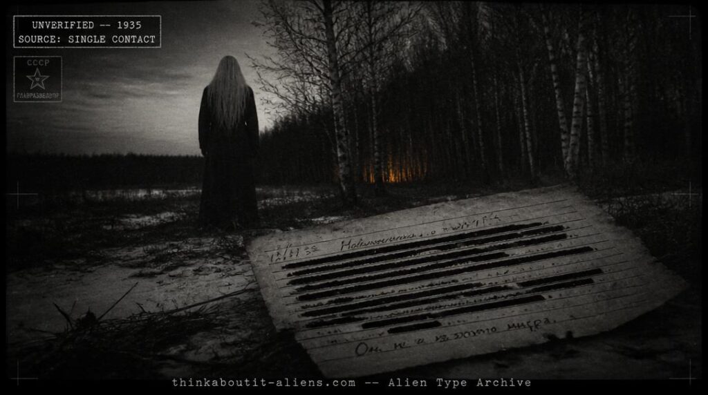Tall pale-haired silhouette at a snowy 1935 Soviet treeline beside a redacted handwritten note, illustrating the unverified "2017" alien type
