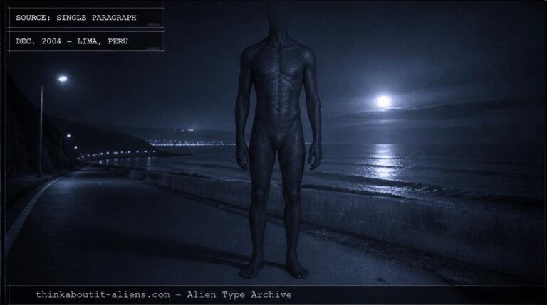 Tall humanoid figure with subtly textured skin standing on a quiet coastal road at night, illustrating the corrected Al-Gruualix alien type