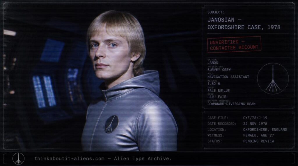 Dossier-style portrait of a Janosian crew member with fair hair and a silver uniform, referencing the 1978 Oxfordshire contact case