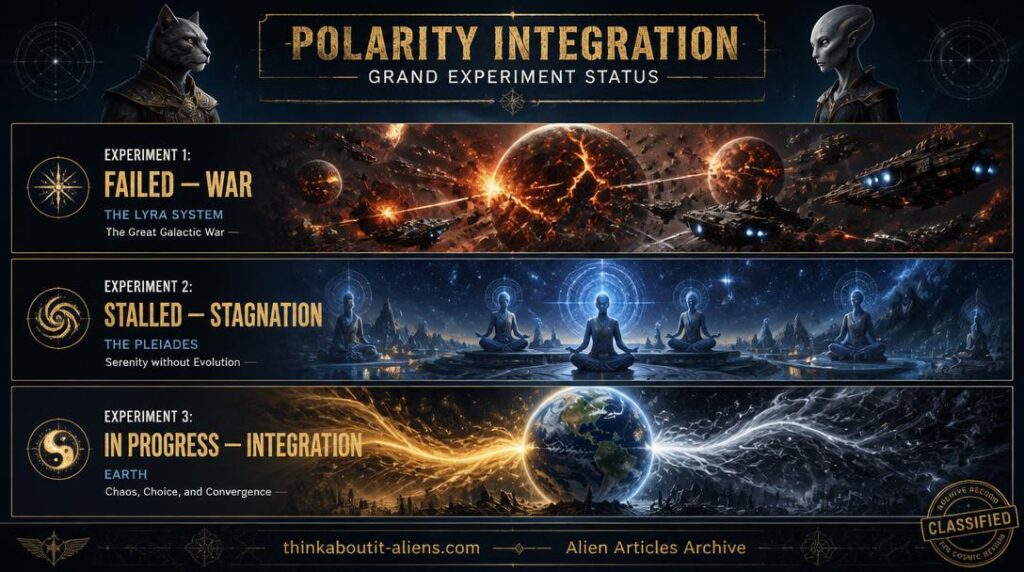 Three stacked panels showing Lyra in flames (Experiment 1 Failed), Pleiades in serene stagnation (Experiment 2 Stalled), and Earth with converging Light-Dark streams (Experiment 3 In Progress), Feline and Carian Founders above