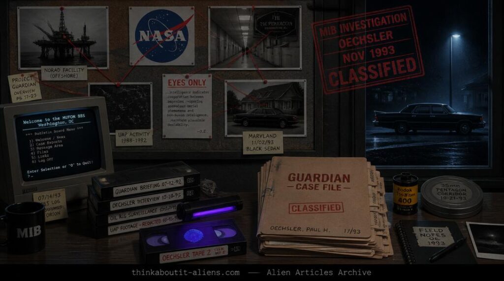 1993-era investigator's desk with Guardian UFO case VHS tapes, fingerprint evidence under UV, 35mm film, and a corkboard connecting NASA, NORAD offshore platform, and Pentagon photographs