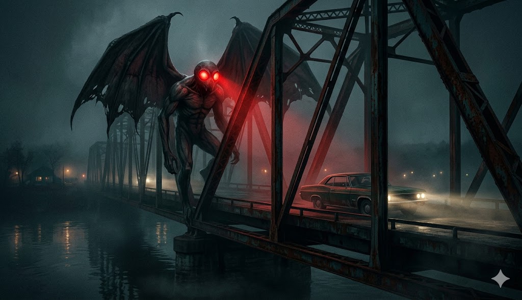 The Mothman with glowing red eyes perched on the Silver Bridge at night in Point Pleasant.