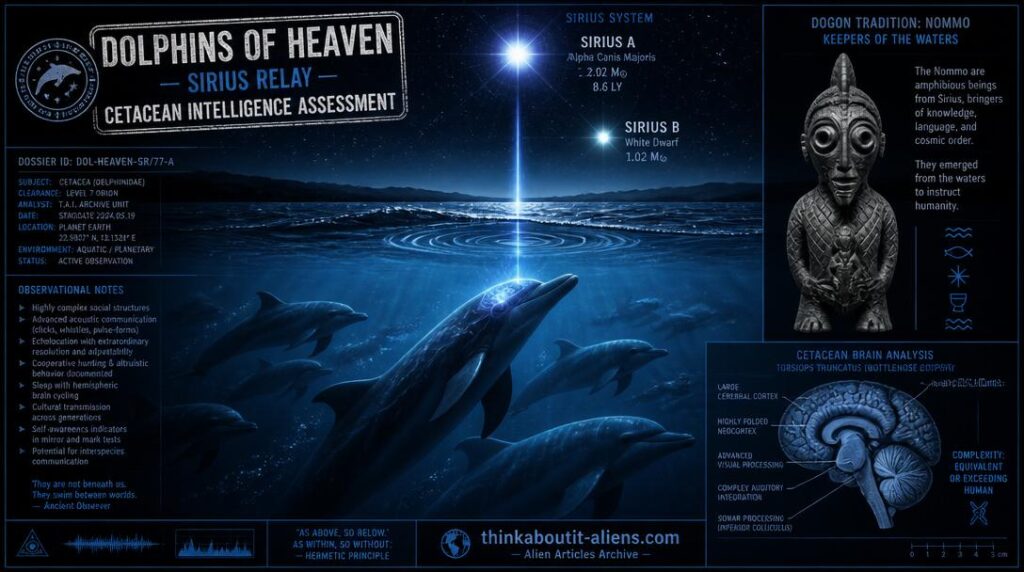 Dolphins swimming underwater with luminous energy beam connecting one dolphin's cranium to the Sirius binary star system above, Dogon Nommo carving at right, cetacean brain diagram in corner