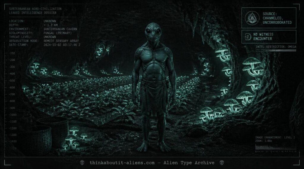 Barrel-chested humanoid figure in a bioluminescent underground cavern with subterranean crops, illustrating the corrected Alabram alien type