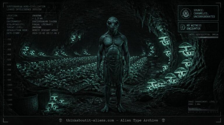 Barrel-chested humanoid figure in a bioluminescent underground cavern with subterranean crops, illustrating the corrected Alabram alien type