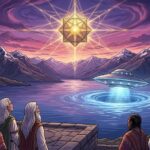 indigenous and Nordic Elders revering a golden Solar Disk and descending Venusian UFO at Lake Titicaca.