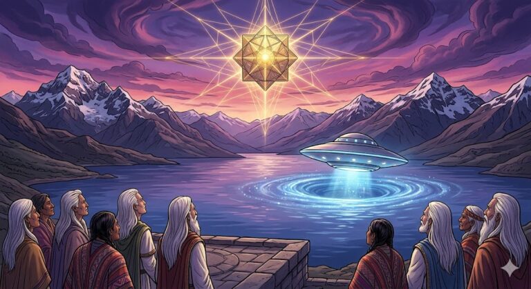 indigenous and Nordic Elders revering a golden Solar Disk and descending Venusian UFO at Lake Titicaca.